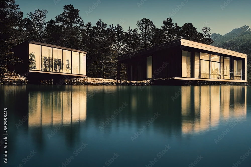 Aufkleber two cabins are sitting on the edge of a lake with trees in the background and a mountain in the dist