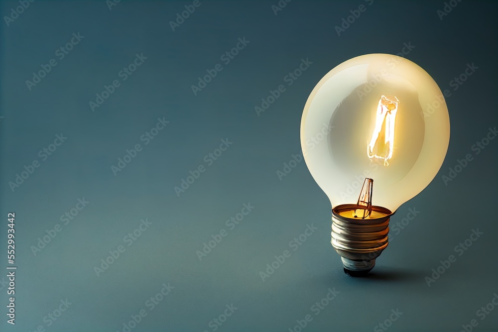 Poster a light bulb with a small light inside of it on a blue background with a shadow of a light bulb. gen