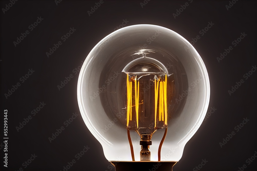 Poster a light bulb with a dim light inside of it on a black background with a reflection of the light. gen
