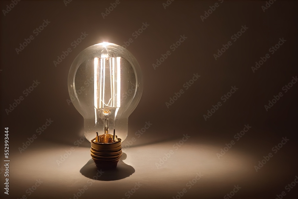 Poster a light bulb with a small light inside of it on a table top with a shadow on the wall. generative ai