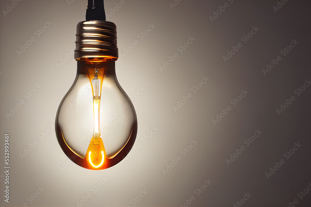 Poster a light bulb with a light inside of it on a table top with a light on it and a light bulb hanging fr