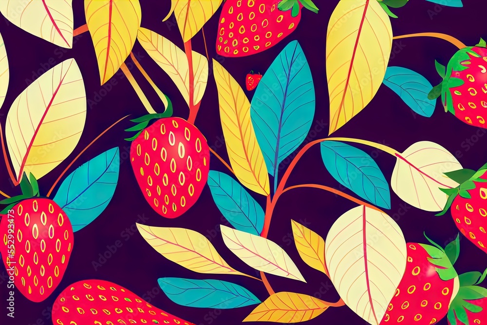 Poster a pattern of strawberries and leaves on a dark background with a red background and a yellow backgro