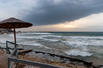Winter Sea Coast and a wooden sunshade