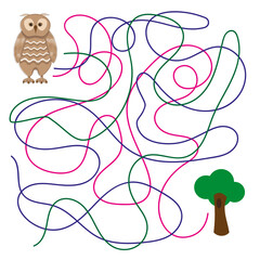 A developmental task for children's books, a children's illustration with an owl and a task to find the way to the dwelling. Vector illustration