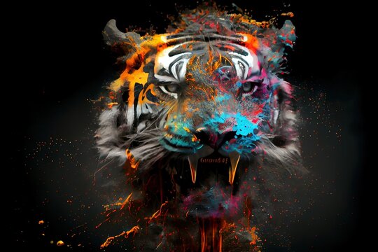 Tiger in paint splash vibrant colorful