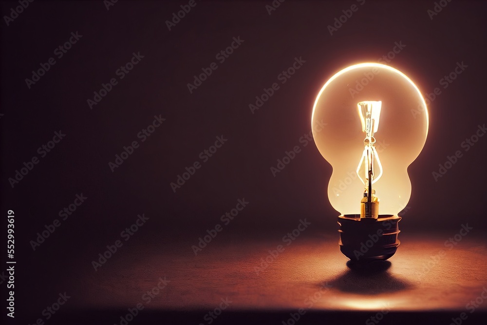 Poster a light bulb sitting on top of a table next to a light bulb on a table top with a light on. generati