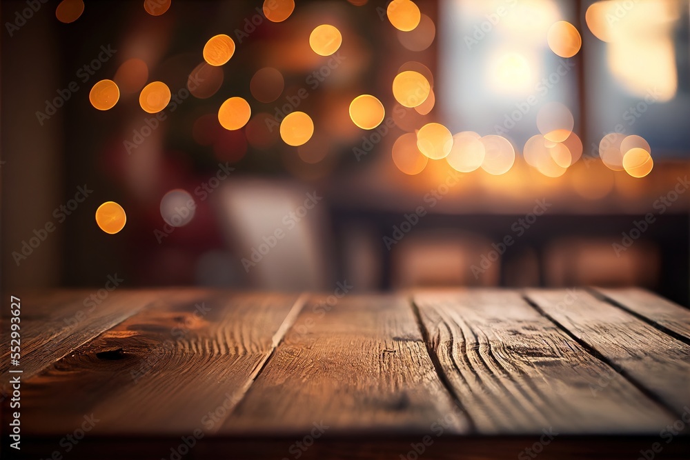 Poster a wooden table with a blurry background of a christmas tree in the background with lights on it and 
