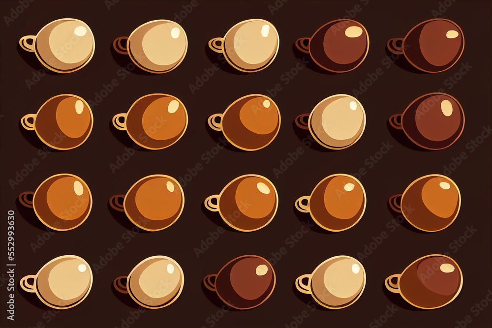 Poster a set of cartoon coffee cups with different shapes and sizes. generative ai