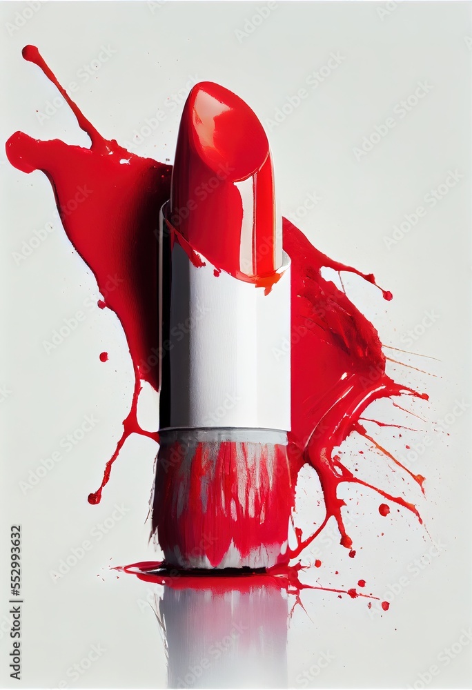 Poster a red lipstick with a white top and red splatters on it's surface. generative ai