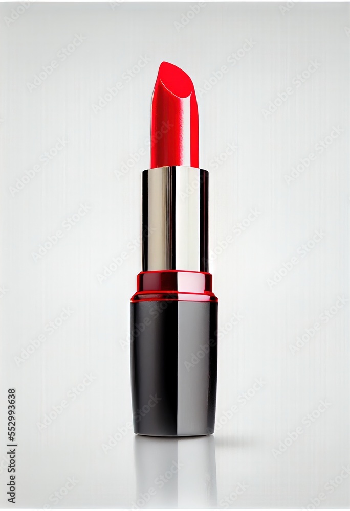 Poster a red lipstick with a silver tip on a white background with a reflection of the lipstick on the surf
