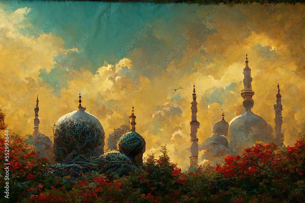 Wall mural Islamic Mosques with the golden colors, realistic views of the city. Eid Mubarak, Ramadan month. Moon on the top with clouds in rainbow colors.