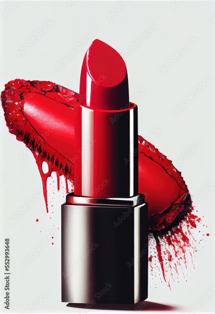 Poster a red lipstick with a splattered red lip on it's side and a white background with a red spot. genera
