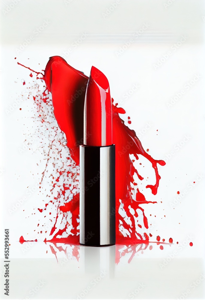 Poster a red lipstick with a splash of paint on it's side and a white background with a white border. gener