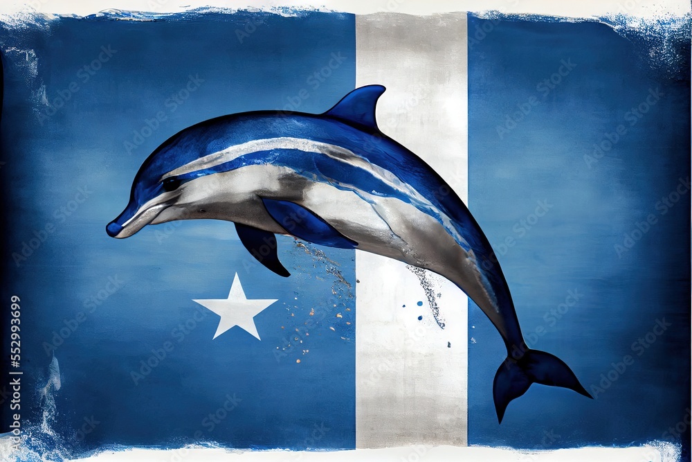 Poster a dolphin jumping out of the water with a flag in the background of it's image. generative ai