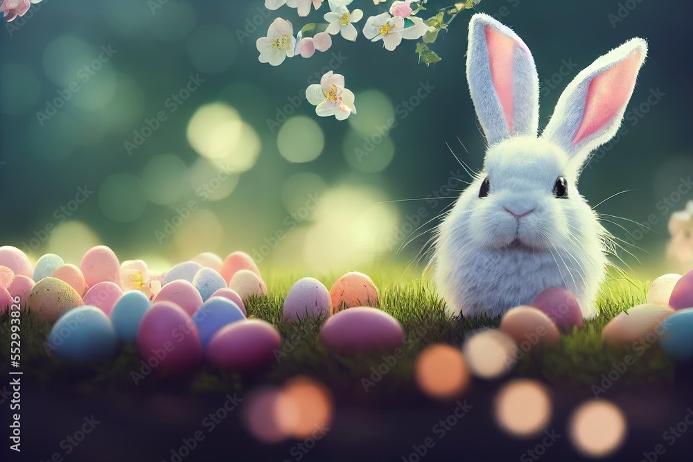 Poster  a rabbit sitting in the grass with eggs around it and flowers in the background. Generative AI