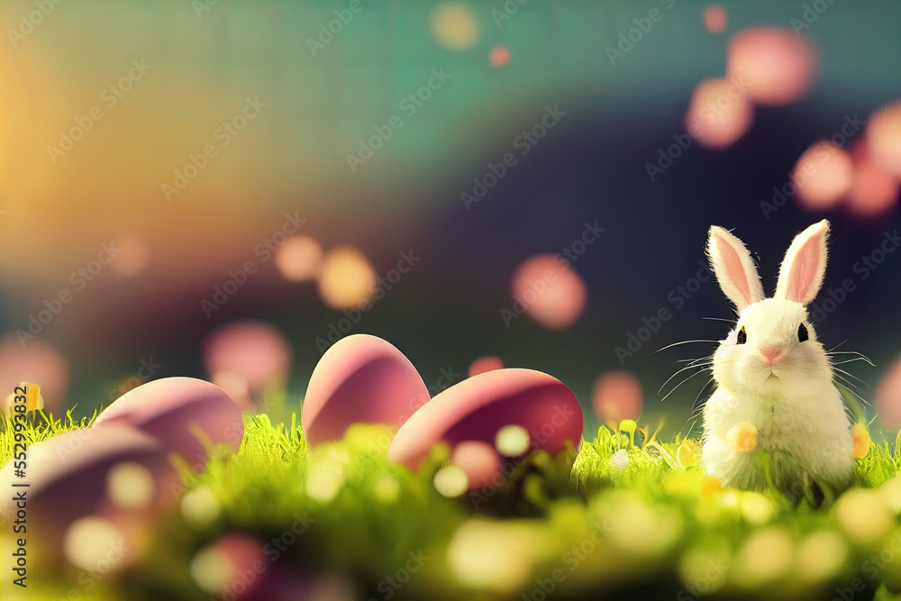 Poster a bunny sitting in the grass with some eggs in the background and a blurry background behind it. gen