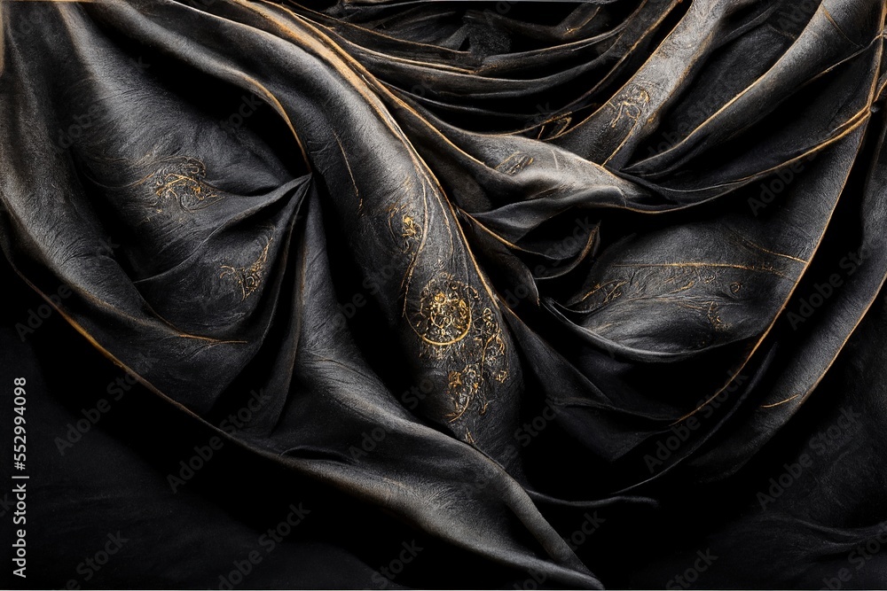 Poster a black cloth with gold designs on it and a black background with a white frame on it and a black ba