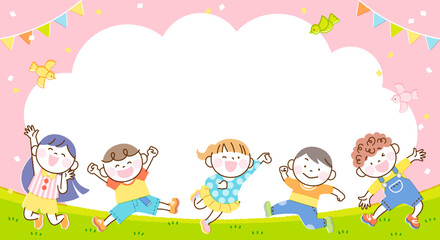 子供たち ジャンプ イラスト バナーフレーム（長方形・ピンクバージョン）