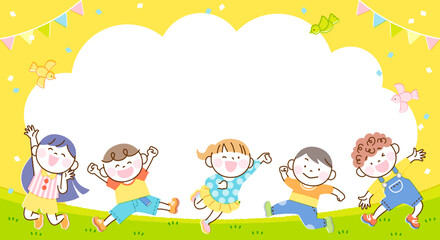 子供たち ジャンプ イラスト バナーフレーム（長方形・黄色バージョン）