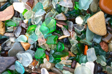 Background of glass pebbles.Glass Bay near Vladivostok. Russia, Primorsky Krai. Sea-polished...