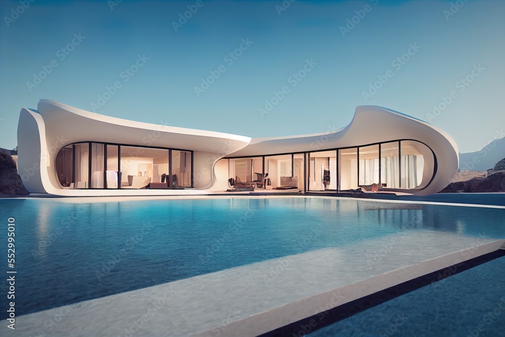 Aufkleber a large swimming pool with a curved building in the background and a lounge chair on the side of the