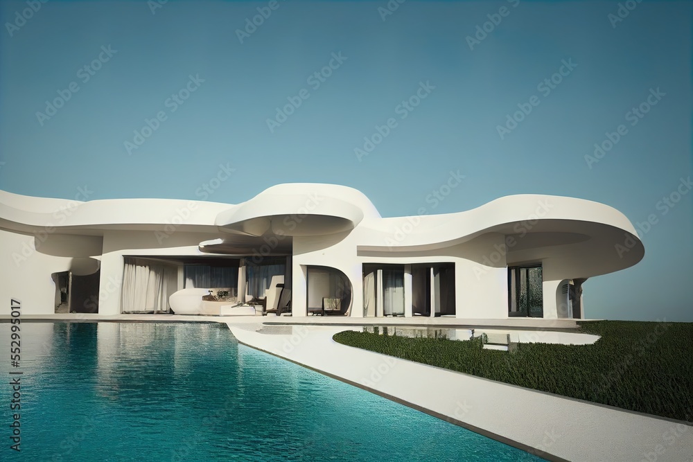Poster a house with a pool and a large lawn area in front of it and a blue sky in the background. generativ