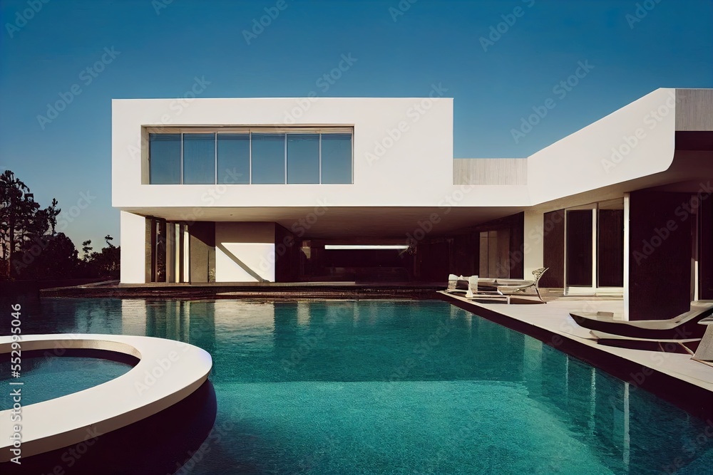 Poster a pool with a lounge chair and a large window in the background and a house with a swimming pool. ge