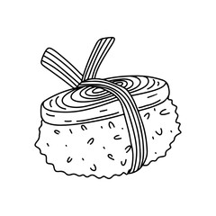 Sushi with omelette in hand drawn doodle style. Vector illustration isolated on a white background. Asian food.