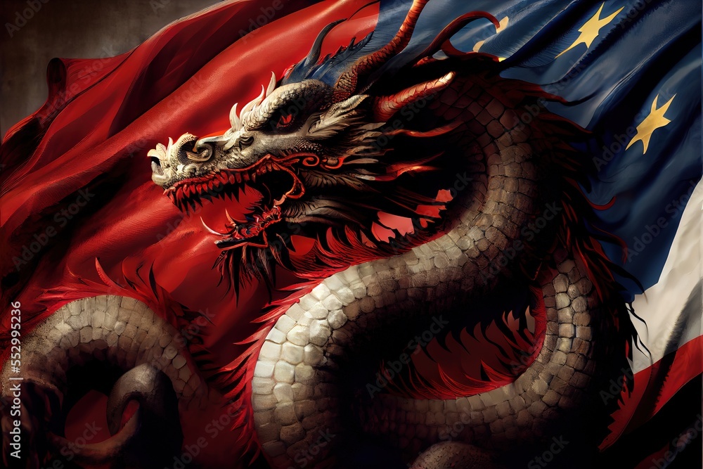 Poster a dragon with a flag in the background is depicted in this painting of a dragon with a flag in the f