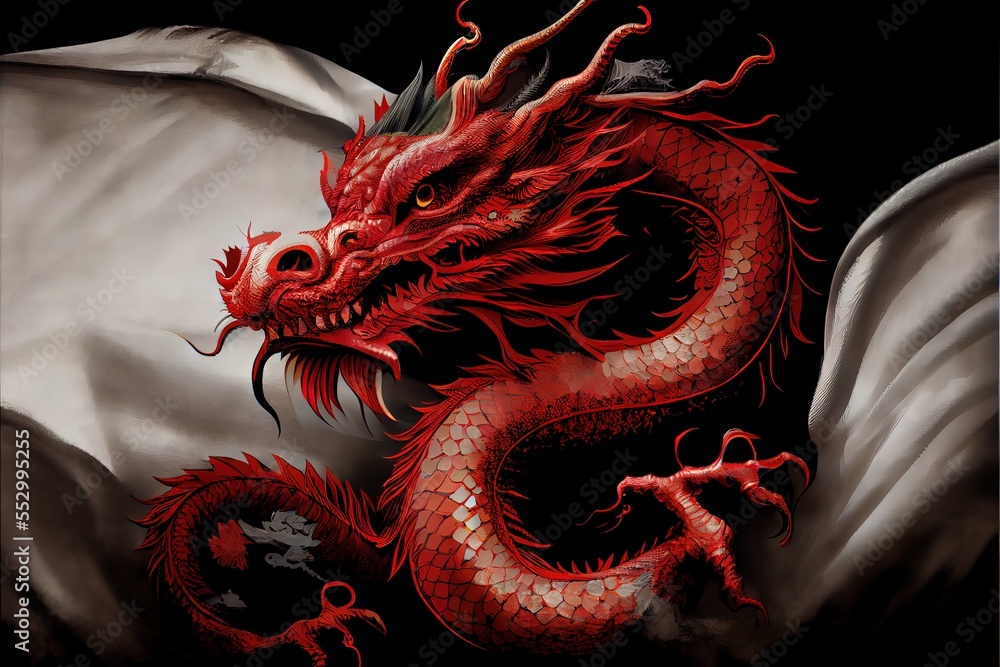 Poster a red dragon is sitting on a white sheet with a black background and a black background behind it is