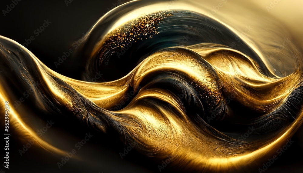 Poster a close up of a gold and black swirl on a black background, creating a mesmerizing contrast between 