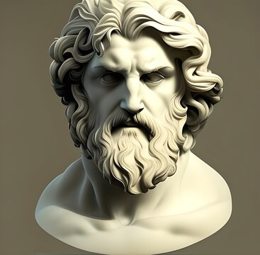 Generative AI image featuring a chiseled white marble statue bust of Greek god Zeus also known as the Roman god Jupiter, god of thunder and the king of gods on Mount Olympus in ancient Greek Mythology