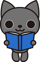 読書をしているグレーのネコ（Cat reading a book）