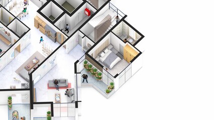 Isometric interior of an apartment showing circulations people having copy space