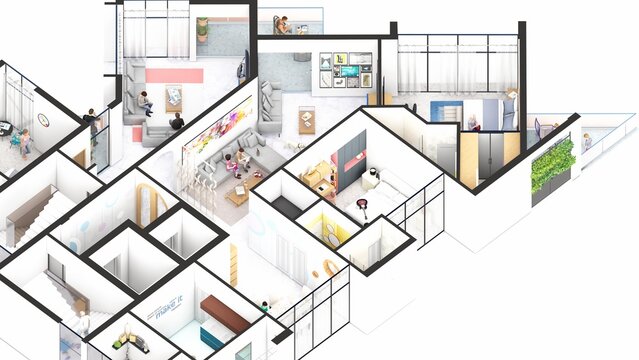 Isometric Blow up of an apartment showing bedrooms and toilets with space for text