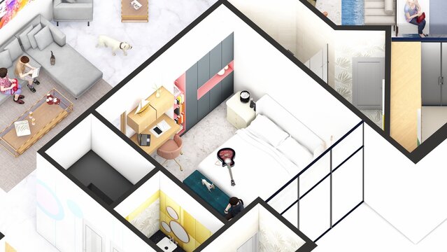 Isometric Blow up of an apartment interior showing bedroom family space toys and pets