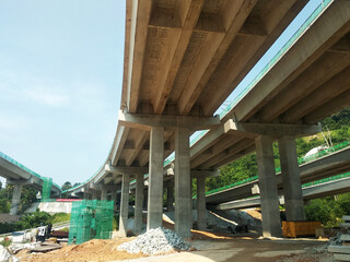 SELANGOR, MALAYSIA -JULY 6, 2022: An elevated road is under construction. Reinforced concrete is used for the structure. Construction is done in stages according to the sequence of works.