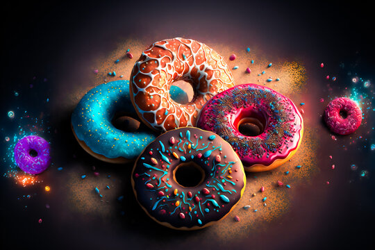 Flying donuts. Mix of multicolored doughnuts.  Image created with Generative AI technology.