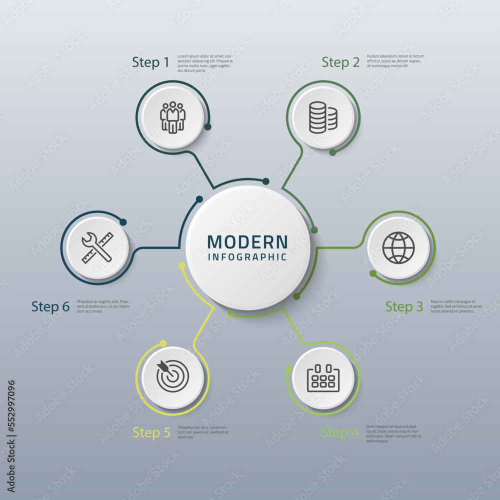 Poster vector modern infographic data design template. vector illustration with 6 steps and icons. can be u