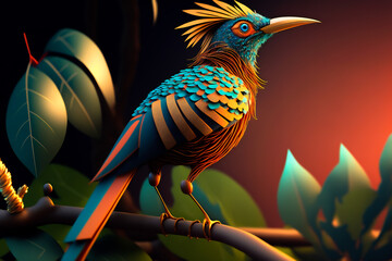 Colored abstract bird of paradise on a black background. Image created with Generative AI technology.