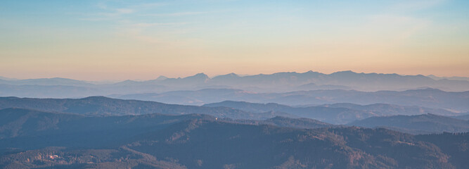 View to Mala Fatra mountains from Lysa hora hill in Moravskoslezske Beskydy mountains in Czech republic