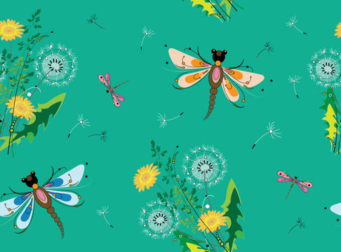 Abstract cartoon dandelions, grasses spikelets  and colorful dragonflies (butterflies) on a green background. Seamless pattern for children clothing, textile, fabrics, baby room wallpaper design etc.