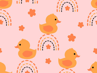 Seamless pattern with little duck cartoons, flower and rainbows on pink background vector illustration.