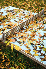 Horizontal outdoor ping pong table with metal mesh in a park covered with autumn leaves