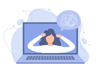 Female character depression, stress. Online consultation with a doctor or treatment via video call