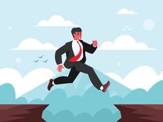 Businessman jumping on a cliff. Cliff against the blue sky. Mountain landscape and cloudy sky. Vector graphics