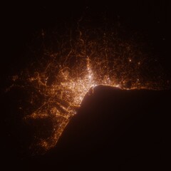 Malaga (Spain) street lights map. Satellite view on modern city at night. Imitation of aerial view on roads network. 3d render