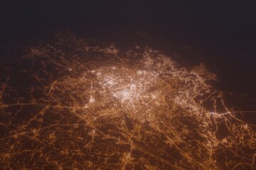 Aerial shot on Tashkent (Uzbekistan) at night, view from east. Imitation of satellite view on modern city with street lights and glow effect. 3d render