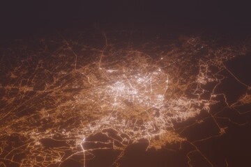 Aerial shot of Tashkent (Uzbekistan) at night, view from north. Imitation of satellite view on modern city with street lights and glow effect. 3d render