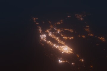 Aerial shot of Bay Area (California, USA) at night, view from south. Imitation of satellite view on modern city with street lights and glow effect. 3d render